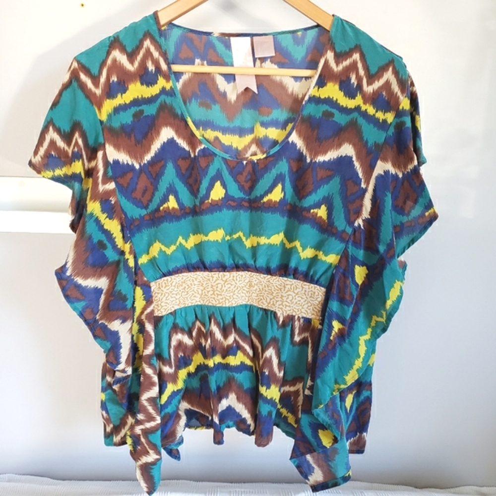 Gemma Tribal Print Silk Ruffle Boho Blouse Size Large